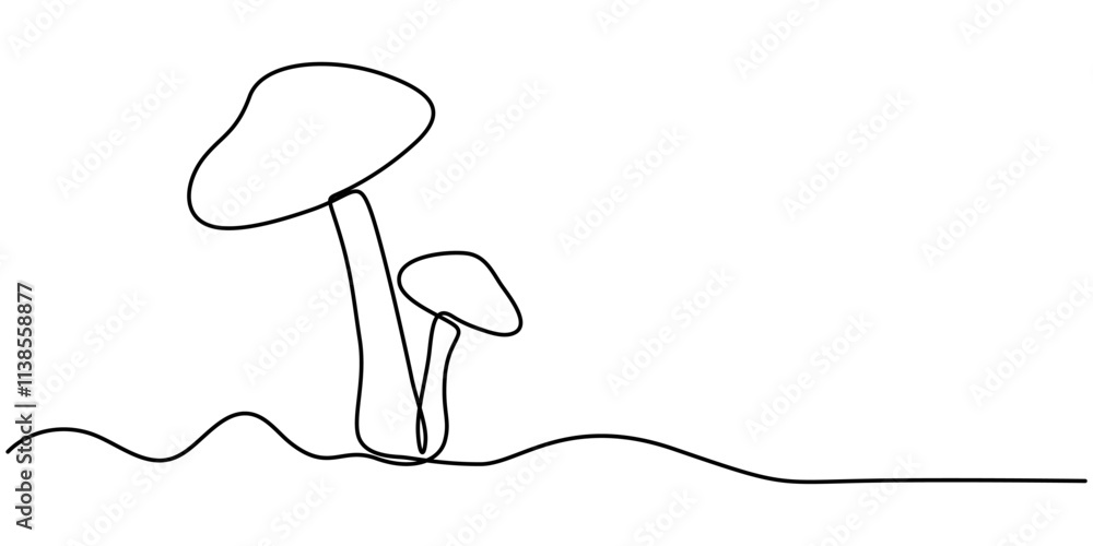 Poster Mushroom continuous one line drawing of isolated outline vector icon, Mushroom in one continuous line drawing. Nature food in simple linear style. Edible autumn harvest in editable stroke. Doodle. 