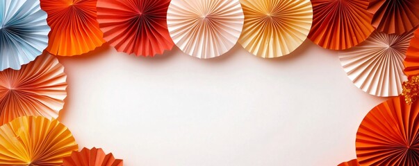 Obraz premium Festive colorful paper fans arranged in a circular pattern, perfect for cheerful gatherings, Chinese New Year celebrations, or event decoration with ample space for design.