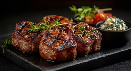 Deliciously grilled steak medallions served with creamy blue cheese and fresh garnish