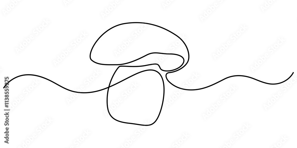 Poster Mushroom continuous one line drawing of isolated outline vector icon, Mushroom in one continuous line drawing. Nature food in simple linear style. Edible autumn harvest in editable stroke. Doodle. 
