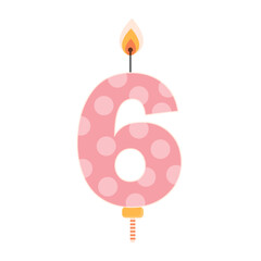 Pink birthday cake candle with flame light. Six year old celebration item. Flat vector design isolated on white.