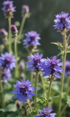 Fototapeta premium delicate purple flowers blooming in clusters on a borage stem, purple flowers, garden blooms