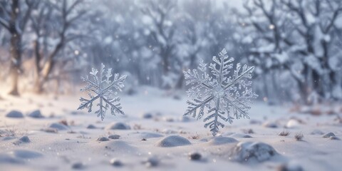 Delicate snowflake pattern in a serene winter landscape with falling snow on a light background , gentle snowfall, abstract pattern, calming background