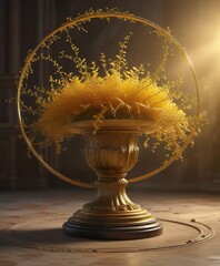 delicate tendrils of golden mist curling around a circular pedestal, decorative, circular
