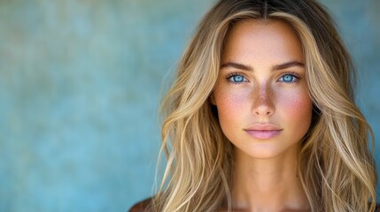 Fototapeta premium A young woman stands in front of a smooth blue backdrop, showcasing her long wavy hair and captivating blue eyes. Her natural beauty is highlighted by soft makeup and a serene expression