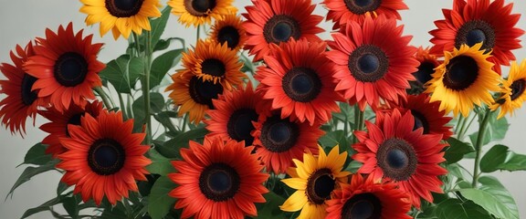 Red sunflowers in a bright and cheerful arrangement, flowers, sunflowers, colors
