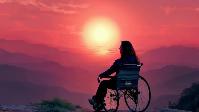 Woman in a wheelchair is sitting on a mountain top. The sun is setting in the background