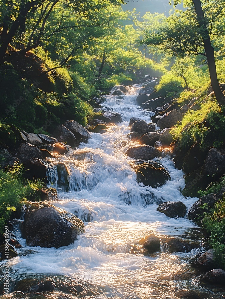 Aufkleber serene mountain stream flowing through lush green forest with sunlight glimmering on water surfaces 