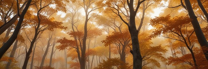 Dense forest canopy with vibrant orange leaves turning golden brown, fall, leafy forest, sunlight