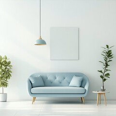 Cozy modern living room with light blue sofa and indoor plants in minimalist design