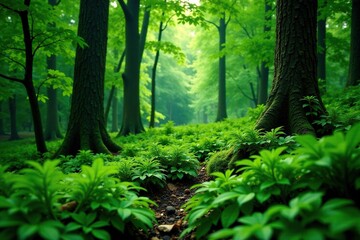 Obraz premium dense thicket of fresh green ferns and branches, thickets, plants