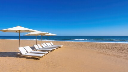 Fototapeta premium Relaxing Empty Beach Lounge Chairs Under Sunshade on a Clear Blue Sky