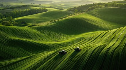 Tractors plowing lush green fields in an aerial perspective