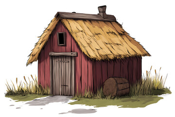 A quaint red wooden barn with a thatched roof, situated in a grassy area.