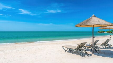 Fototapeta premium Tranquil Beach Scene with Sun Loungers and Umbrellas Under Clear Sky