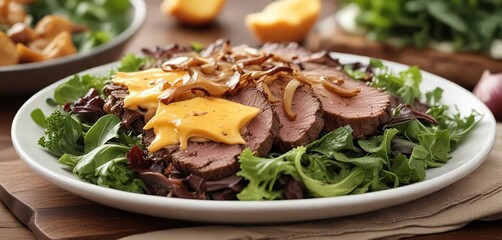 Cheddar cheese and caramelized onions atop a bed of mixed greens with sliced beef for a satisfying meal, eating, beef, food
