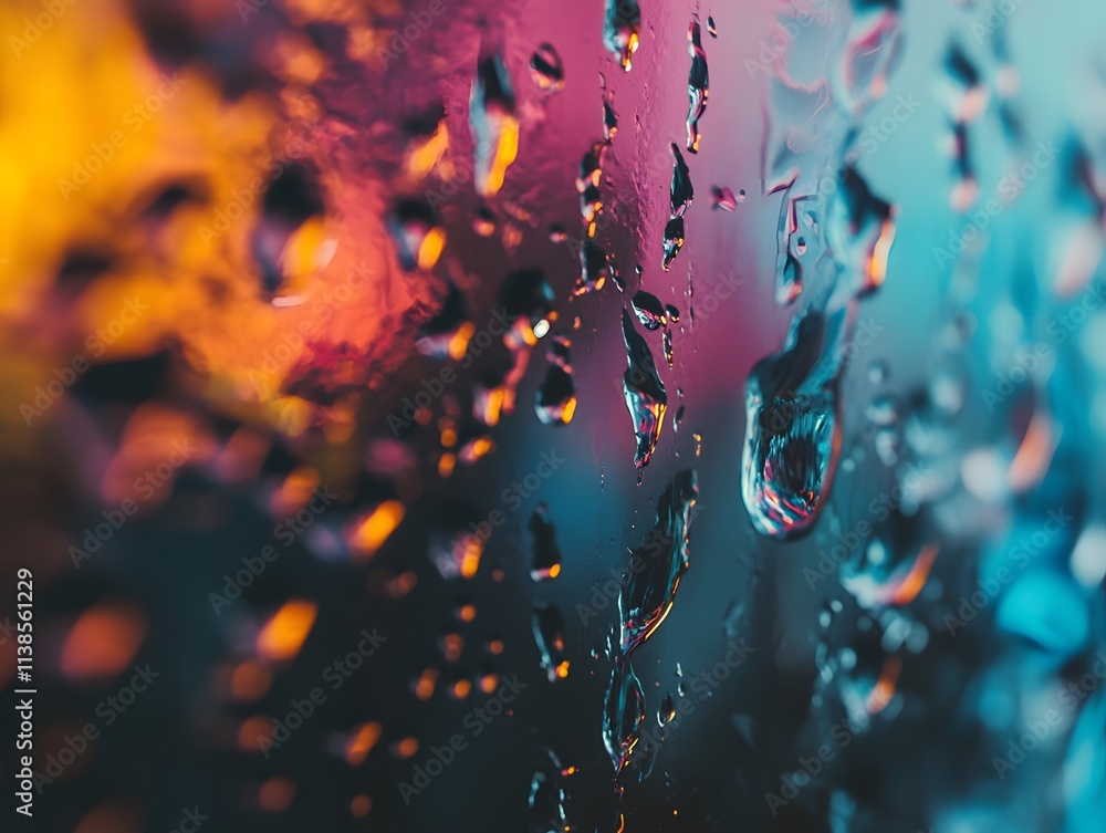 Poster Close-Up View of Colorful Water Drops on Glass Surface with Backlight Creating an Abstract and Artistic Visual in Vibrant Hues and Soft Focus