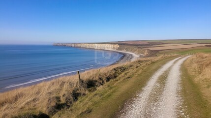 Scenic Coastal Pathway with Cliffs and Calm Blue Sea Under Clear Sky