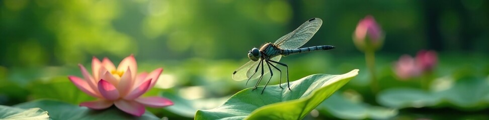 dragonfly surveys its surroundings from lotus, nature, still