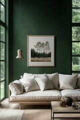 Fototapeta premium Modern living room with nature inspired decor and cozy furniture in a tranquil setting