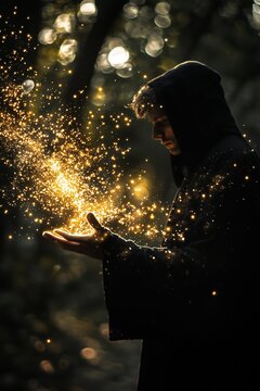 A cloaked figure manifests sparkling energy with their hands in an enchanted forest setting.