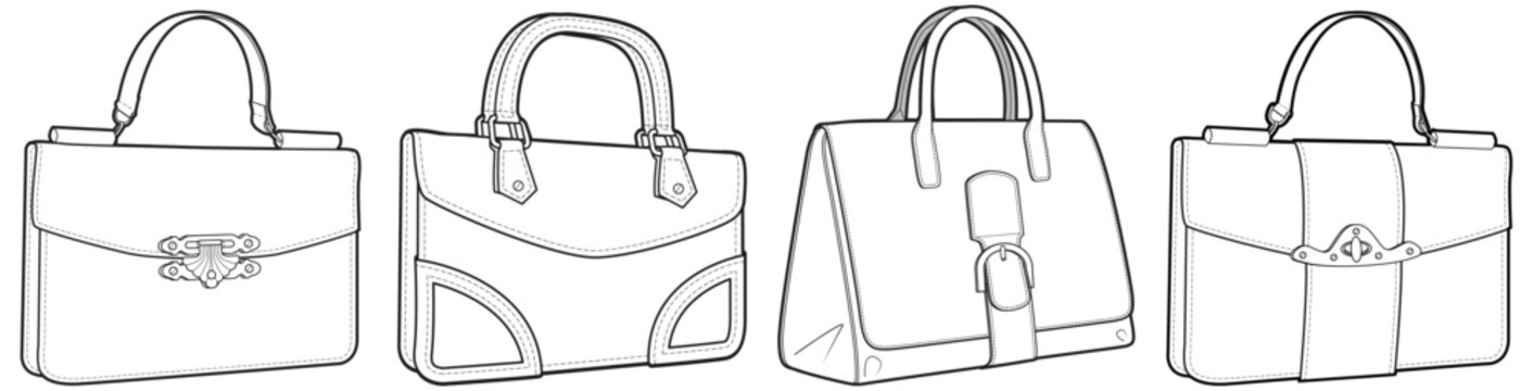Set of mini handbag flat sketch vector illustration technical cad drawing template	