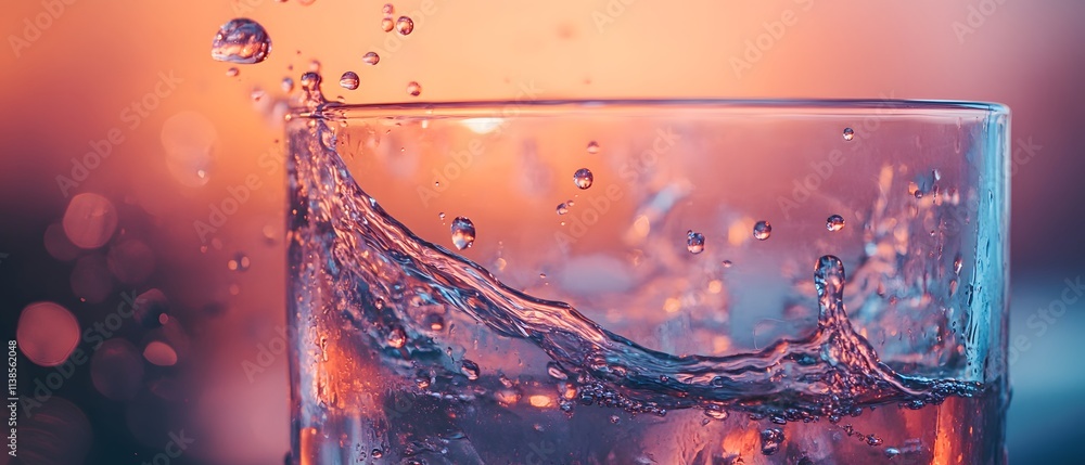 Poster a refreshing splash of water captured in a glass against a beautiful sunset background, highlighting