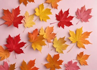 Collection of colorful maple leaves on a pale pink background, mixed colors, maple leaves