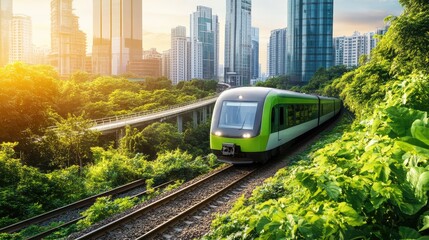Obraz premium A high-speed train powered by green energy, featuring an eco-friendly design and speeding through an environmentally conscious city with advanced waste management systems