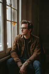 Obraz premium A young man gazes pensively out of a vintage window, capturing a moment of reflection and nostalgia.