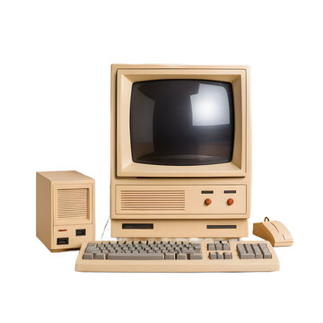 Vintage Beige Computer Set with Monitor, Keyboard, and Mouse