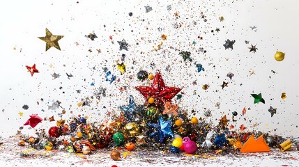 New Year's Eve corner arrangement with scattered confetti, glittery decor, and a festive vibe on white