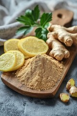 Fototapeta premium Fresh ginger powder and lemon slices arranged on a wooden board with soft fabric in the background