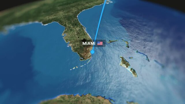 Vibrant 3D animated map showcasing a flight route from New York City to Miami. Ideal for travel videos, tourism promotions, and corporate presentations.