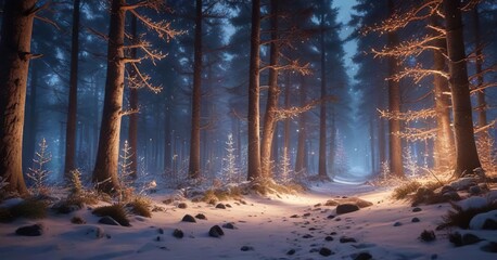 Festive forest with twinkling lights and snowflakes, magical ambiance, twinkling lights