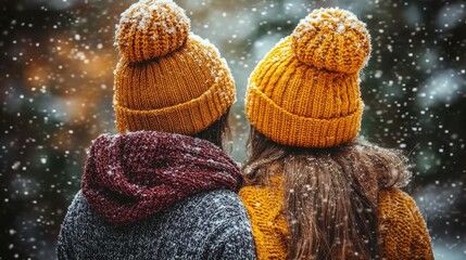 Fototapeta premium Two friends wear bright yellow hats and cozy sweaters as they stand together, enjoying a snowy day in a forest. Snowflakes gently fall around them, creating a serene winter atmosphere