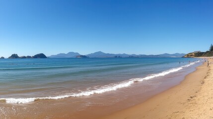 Serene Beach View with Soft Waves and Clear Blue Sky on Sunny Day