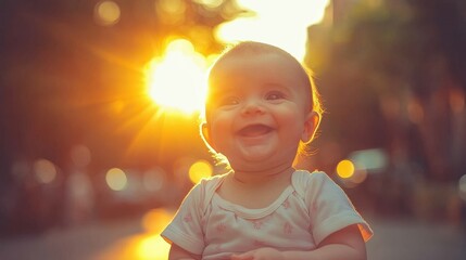 A cheerful baby smiles broadly as the setting sun casts a warm golden glow on the city streets. The vibrant light creates a magical atmosphere filled with joy