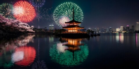 New Year's Eve celebrations in Japan against the backdrop of fireworks and a quiet lake.