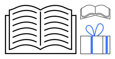 Open book with turning pages and closed book outline. Gift box with blue ribbon next to the books. Ideal for education, reading, literature, gifting, knowledge sharing, libraries book clubs. Line