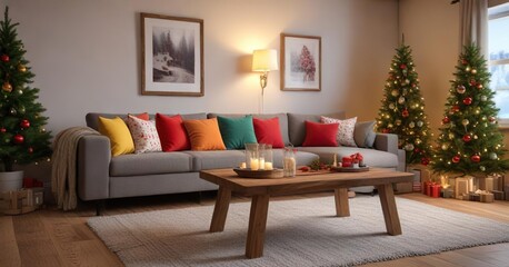 Cozy living room with a wooden table and holiday decorations, holiday decor, wooden furniture