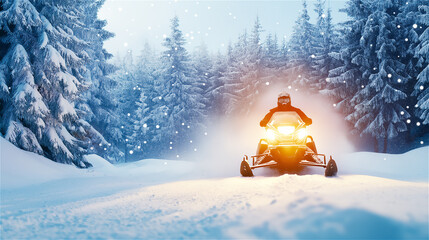 Naklejka premium Snowmobile speeding through a winter forest landscape at dusk, with snowflakes in the air and headlights glowing brightly.