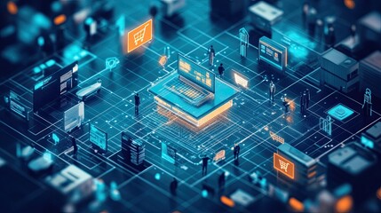 A digital marketplace bustling with transactions, showcasing global e-commerce. 