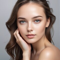Beautiful woman gently touching her face with natural makeup and long brown hair