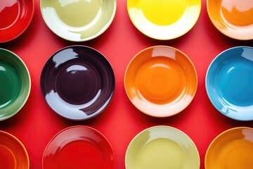 Vibrant Dish Arrangement on Bold Red Canvas: A Feast for the Eyes with Ceramics and Colorful Accents
