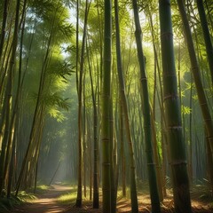 Fototapeta premium Tall bamboo stalks sway gently in the breeze, sunlight casting dappled shadows on the ground , bamboo forest, gentle movement