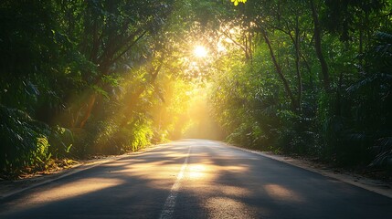 Nature-themed Happy New Year 2025 text glowing on a sunlit roadway lined with dense trees and greenery