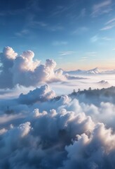 Obraz premium Gentle morning fog rolling in amidst a backdrop of bright blue sky with wispy clouds, landscape, clouds
