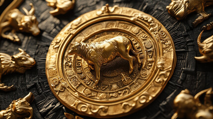 Obraz premium Intricate Golden Zodiac Wheel Featuring Ox Centerpiece