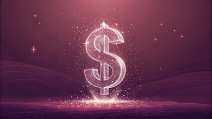 Glowing dollar sign rising from a sparkling surface, surrounded by small stars on a purple background, creating a magical and prosperous atmosphere, ideal for financial or business related concepts